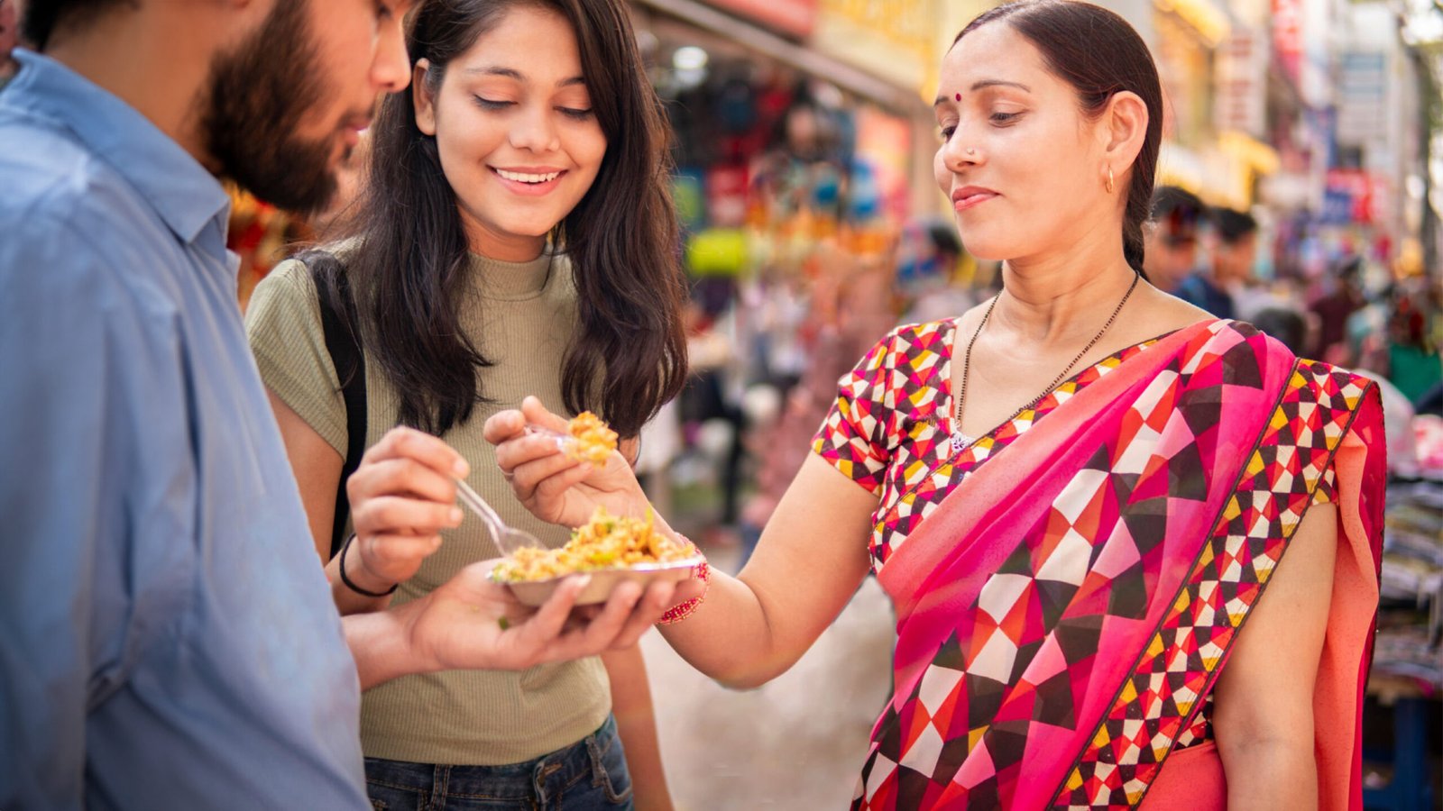 People enjoying street food in Delhi