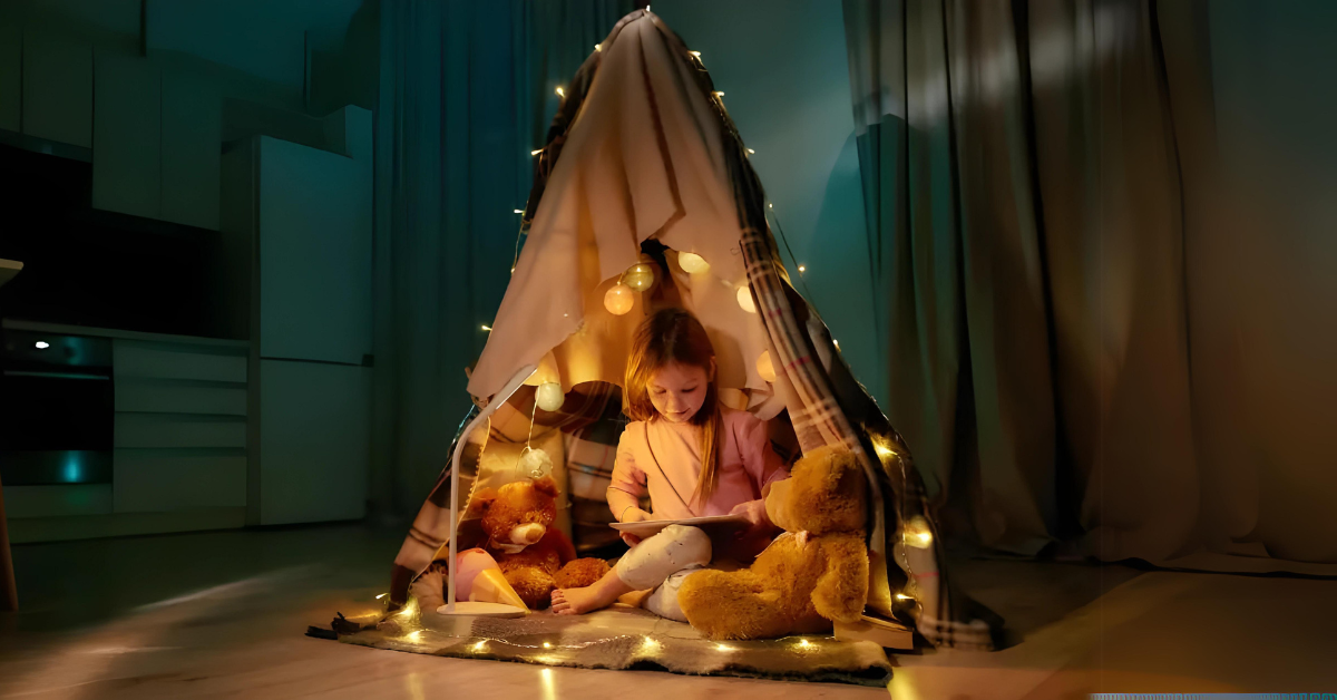 A child's comfort corner in their room with toys, books, and more