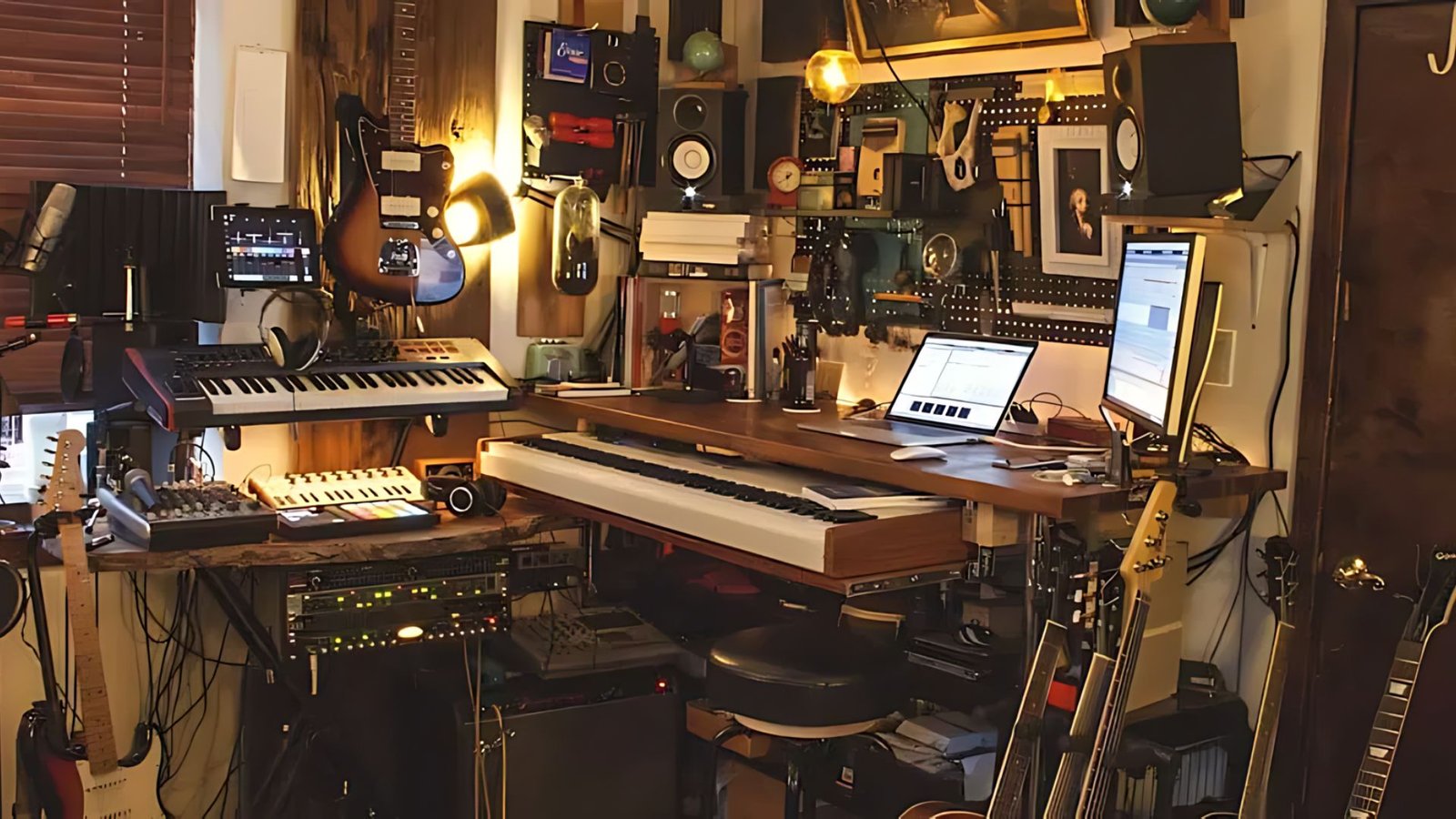 Messy studio with scattered notes and instruments