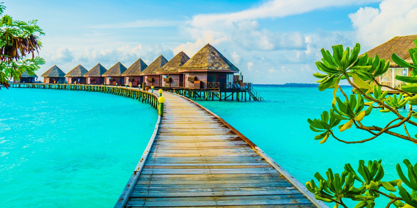 Overwater villas in the Maldives during sunset