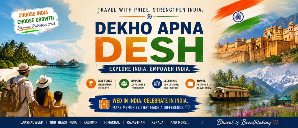 Domestic Tourism India, Dekho Apna Desh, Economic Patriotism 2026, Wed In India, Celebrate In India, Vocal For Local, Atmanirbhar Bharat, Indian Travel Gems, Travel Within India, Explore India 2026, Bharat Tourism Campaign, India Travel Movement, Strengthen The Rupee, Support Local Tourism, Luxury Travel India, Destination Weddings India, Lakshadweep Tourism, Northeast India Tourism, Kashmir Tourism, Himachal Pradesh Travel, Rajasthan Heritage Tourism, Kerala Backwaters, Indian Culture And Heritage, Domestic Travel Economy, Sustainable Tourism India, Tourism And GDP India, Vande Bharat Tourism, India Infrastructure Growth, Local Livelihood Support, Bharat Is Breathtaking, Discover India, Indian Tourism Growth, Rural Tourism India, Spiritual Tourism India, Hidden Gems Of India, Tourism For Economic Growth, Prime Minister Seven Point Appeal, India Tourism Strategy